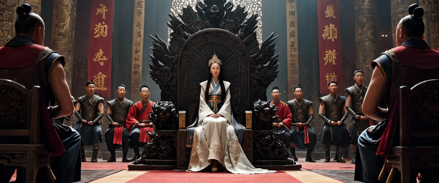 score_9, score_8_up, score_7_up, source_photo, photography, realistic, rating safe, from side, wide shot, viewer is far from her, cinematic angle, ultra detailed, absurdity, 1girl, Wu Zetian, sitting on Throne, hands on knees, looking at boys, long hair, black hair, multiple boys, they are all fours, masterpiece, 8k,