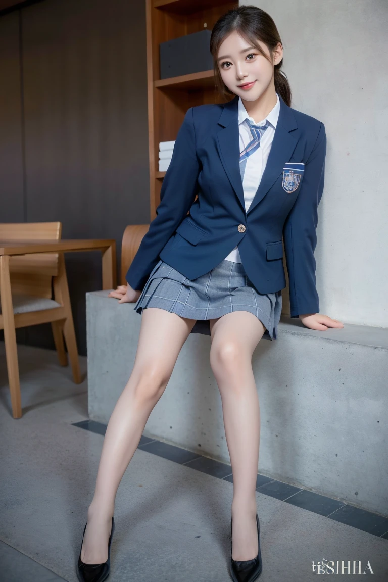 (8k), (highest quality: 1.2), (Realistic), (Realistic: 1.37), Ultra-high resolution, (1 girl), cute, blush,Embarrassed smile, Beautiful details, Beautiful Nose, straight Hair, Giant Dulcefo, pork, Thighs，Self Snap,University Uniforms,(A simple dark blue blazer:1.4),(Pleated skirt:1.2),(The skirt and tie are gray tartan check pattern.:1.3),(Sitting:1), Sit on the ground,(Hold my feet:1),(Shiny legs:1.2),from the front,knees