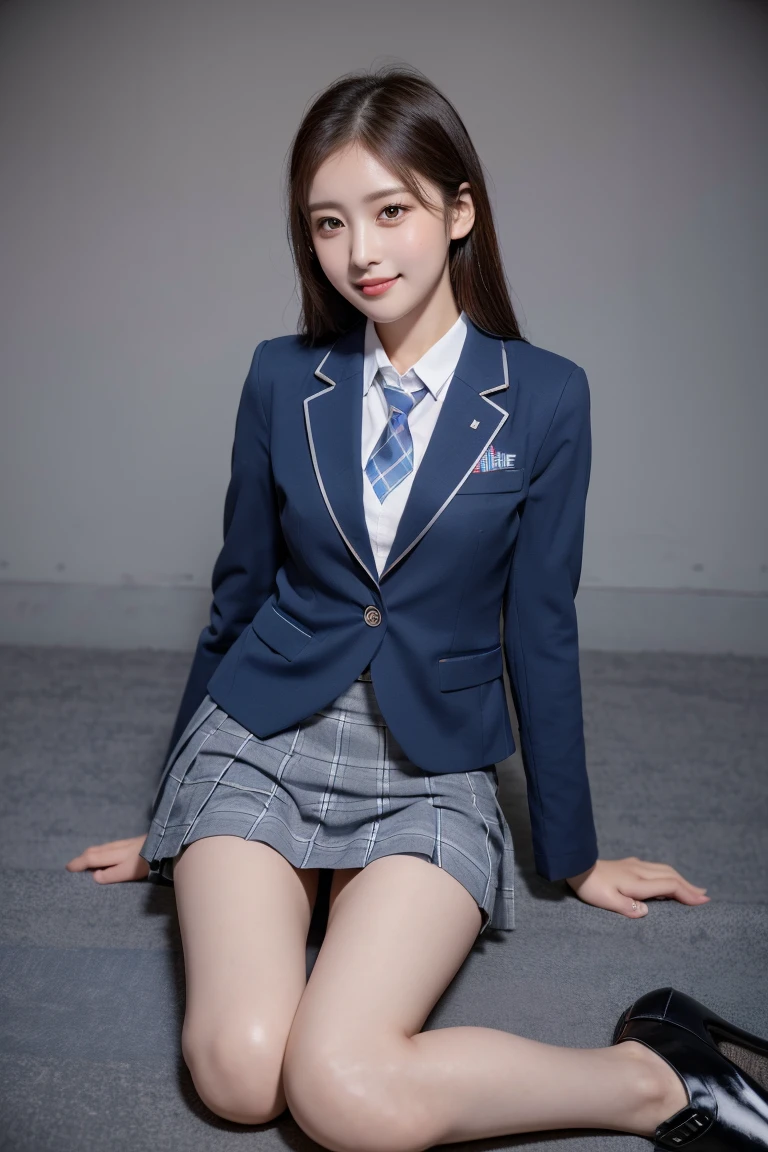 (8k), (highest quality: 1.2), (Realistic), (Realistic: 1.37), Ultra-high resolution, (1 girl), cute, blush,Embarrassed smile, Beautiful details, Beautiful Nose, straight Hair, Giant Dulcefo, pork, Thighs,Self Snap,University Uniforms,(A simple dark blue blazer:1.4),(Pleated skirt:1.2),(The skirt and tie are gray tartan check pattern.:1.3),(Sitting:1), Sit on the ground,(Hold my feet:1),(Shiny legs:1.2),from the front,knees