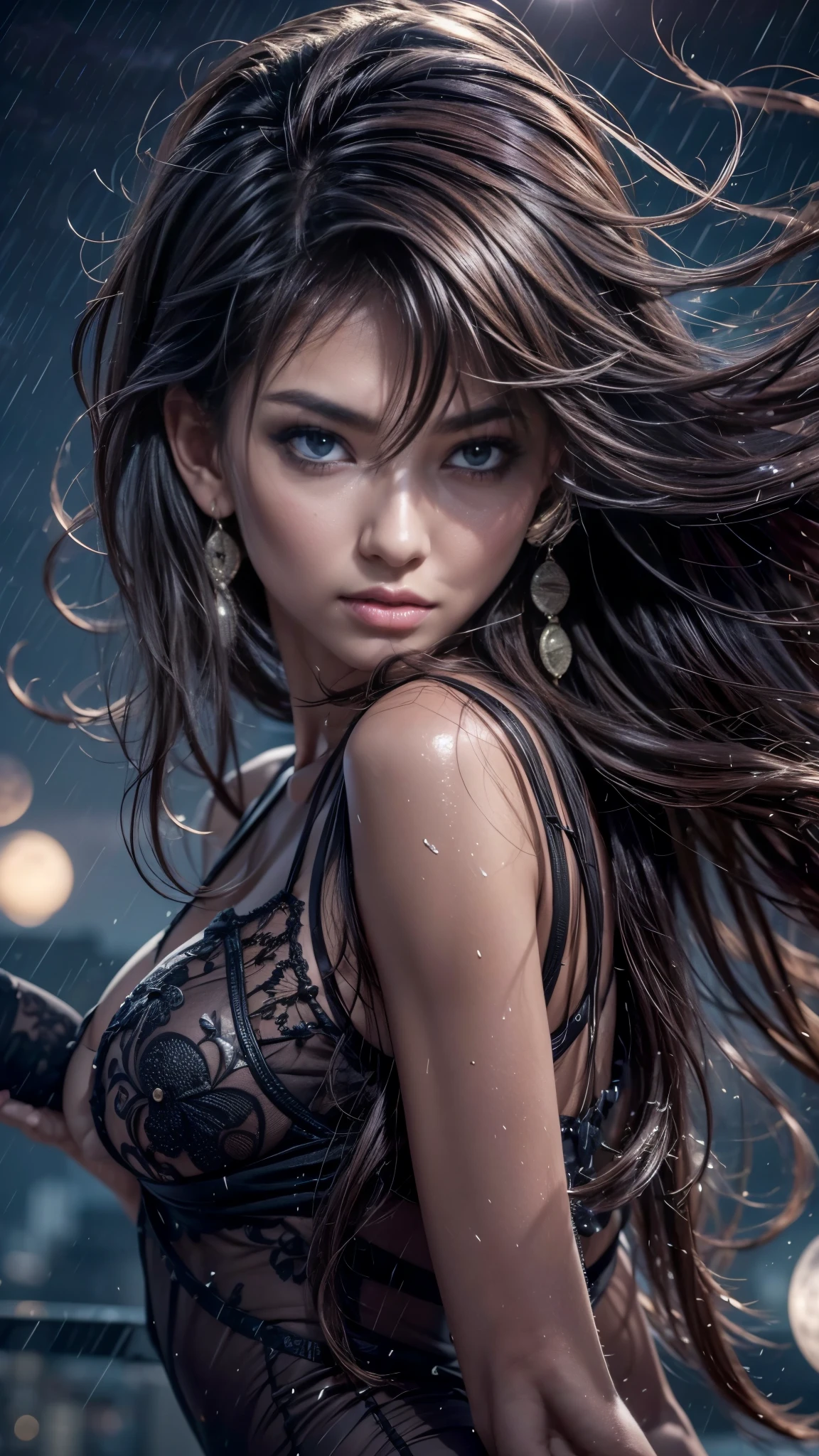 (32k:1.5, Highest quality, masterpiece, Ultra-high resolution), Perfect dynamic composition, Professional camera work:1.6, Very detailedな肌と顔の質感:1.3, Captivating portrait:1.3, Very accurate, Very detailed, 1 adult female, ((Amazing night view from the rooftop, The moonlight at night illuminates my body)), (Satin Nightgown:0.5), Incredibly slim body, Fair skin, elegant features, Expressions of sadness, (Big eyes that exude beautiful eroticism:0.8, Sad expression:1.0, I love you with all my heart:0.8, Please open your mouth a little, lipstick, Feel the beautiful eroticism:0.8), (Wet dark brown medium length hair), Candles, The chest is medium, Earrings, necklace, bracelet, romantic, Tilt, sit, ((Adult charm, Feminine charm, Hair blowing in the wind))