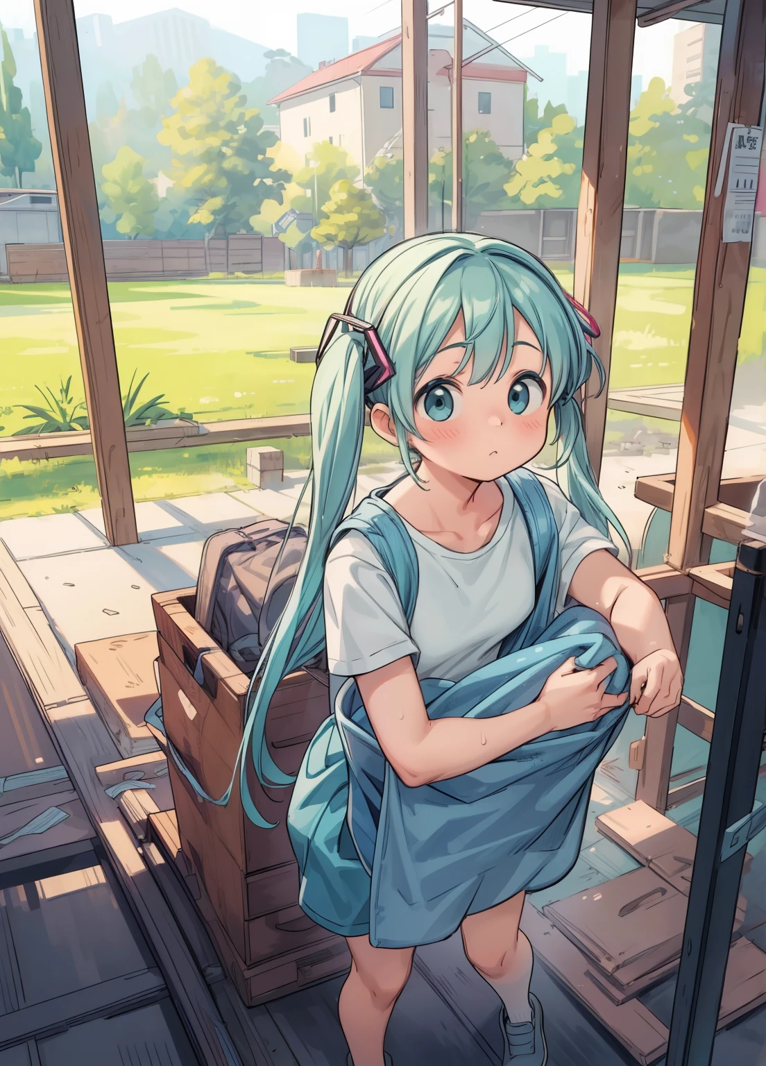 (masterpiece、Highest quality、Highest quality、Official Art、Beautiful and beautiful:1.2)、(One girl:1.3)Hatsune Miku、Twin tails,Beautiful breasts,Wear a safety helmet、Gaten、Nikkapokka、construction、architecture、steel frame、Work clothes、construction現場で働く女の子、construction現場、towel、Strong man、carry heavy loads、safety first