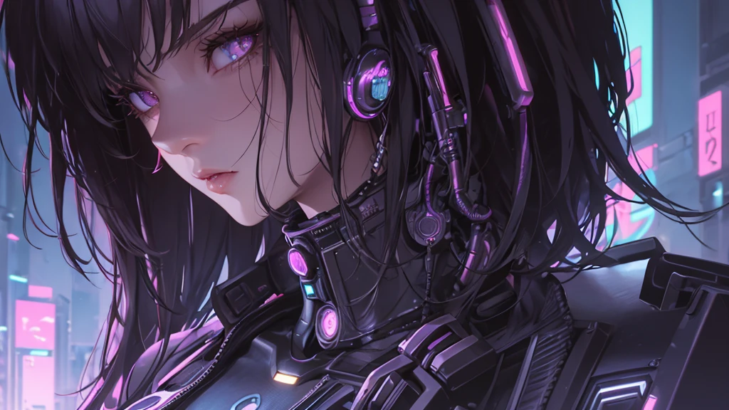 beautiful cyberpunk girl wearing a futuristic head mounted display,  (finely detailed skin), pale skin, (in a deep neckline highly detailed sexy futuristic cyberpunk black crop top and underpants made of circuit boards, cybernetics, japanese words with a flare effect, beautiful epic composition, futuristic, masterpiece, sensual, appealing, posing for a photo