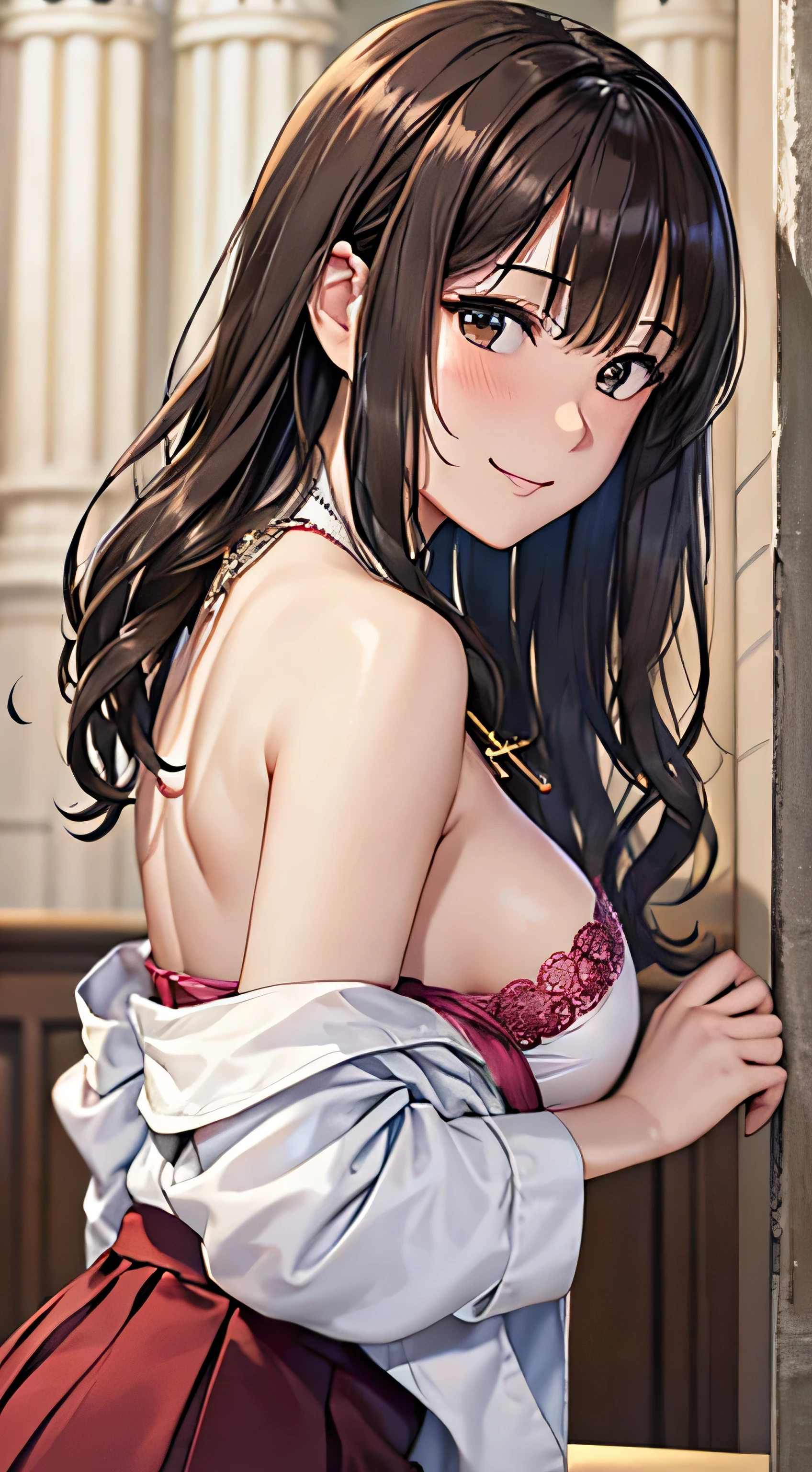 ((Tabletop, Highest quality, High resolution, , Pixel Perfect, 4K,))), 1 female, 、The whole body is visible、 ((Long Wavy Hair, bangs, Brown Hair)), ((Brown eyes, Beautiful eyelashes, Realistic eyes)), ((Detailed face, Blushing:1.2)), ((Smooth texture:0.75, Realistic texture:0.65, Realistic:1.1, Anime CG Style)), Medium sized breasts, Dynamic Angle, Perfect body, (( , , Beautiful Priest、、 Priest off-shoulder jacket、Priest Flare Skirt、、)), Gold Hair Ornament、Cross Necklace、、Very embarrassing panic smile, 、Gorgeous church basilica、、Hold a big Bible、Leaning forward、Stick your butt out、Lace pink panties、Sitting on the floor、Nipples are slightly visible、、、、、 、Angle from below)、