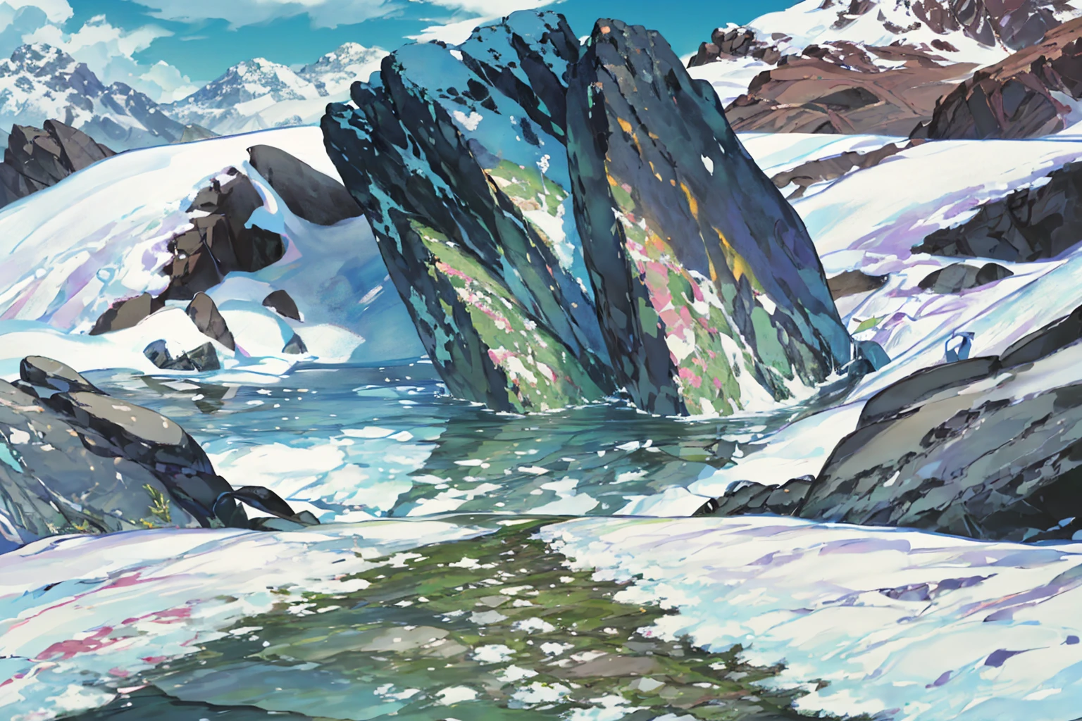 summer, rocky area, rock formation, (illustration : 1.0), Narrative composition, realistic lighting, HD detail, masterpiece, best quality best, (Highly detailed CG integrated 8k wallpaper), wide and flat rocky area, A small, sharp, rough rock at the top of the screen.