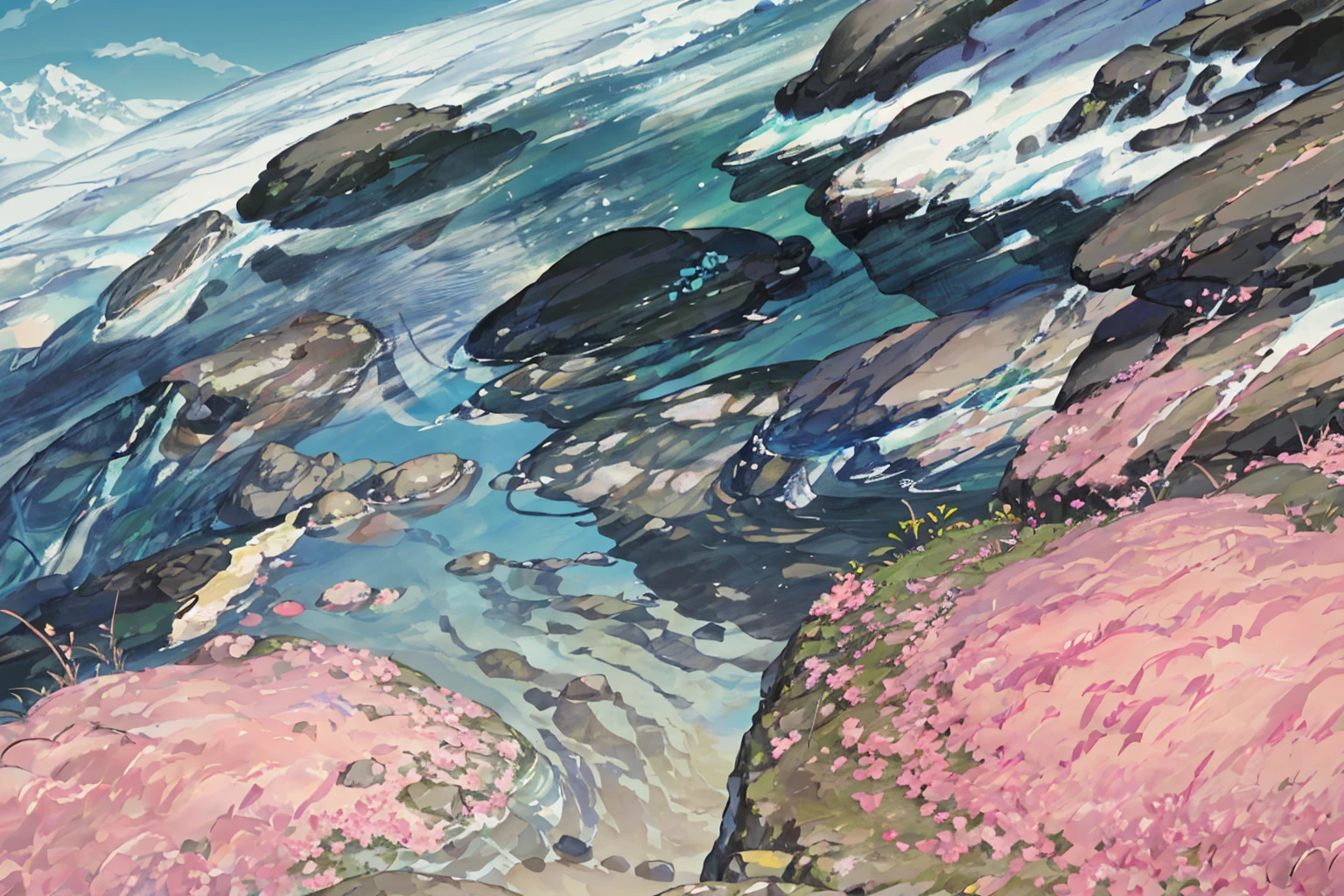 summer, rocky area, rock formation, (illustration : 1.0), Narrative composition, realistic lighting, HD detail, masterpiece, best quality best, (Highly detailed CG integrated 8k wallpaper), wide and flat rocky area, A small, sharp, rough rock at the top of the screen.