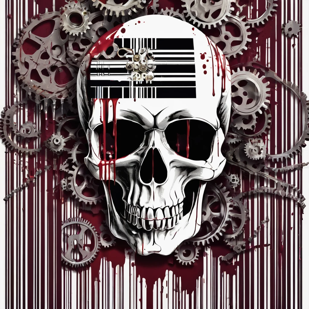skull formed by a bleeding barcode, bacground factory gears.