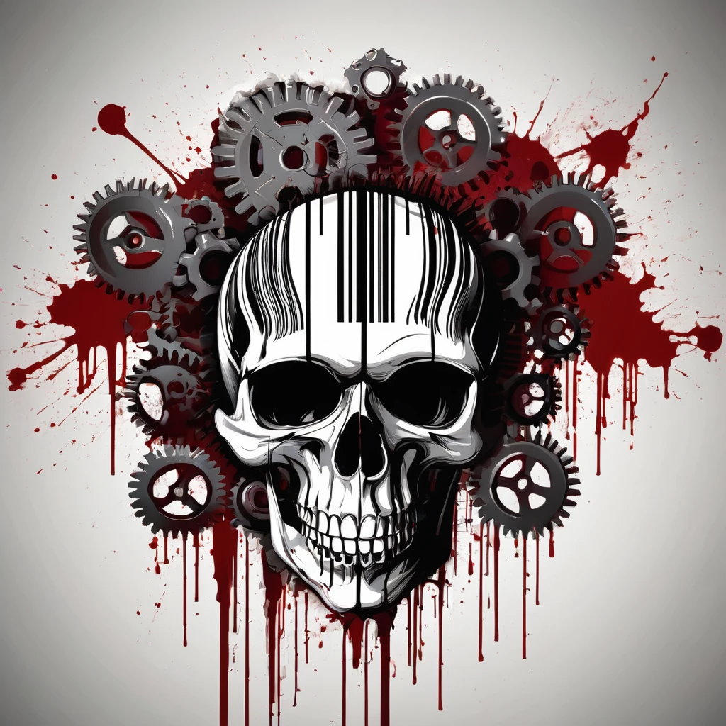 skull formed by a bleeding barcode, bacground factory gears.
