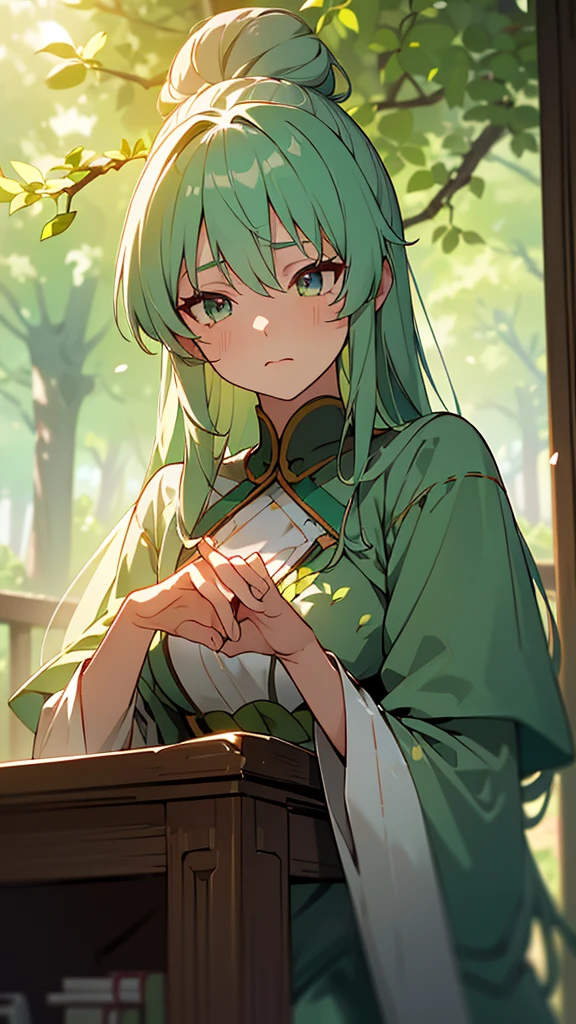 Name: Sakura Yuuka
Element: VERDANTHIA
Description: A graceful and steadfast medicinal herbalist, hailing from the sacred forests of Tenjin. With her calming and compassionate demeanor, she not only mends wounds but also provide strong moral support to her allies.
Prompt: ((((Photorealistic, Flawless quality, ultrahigh resolution)))), 1girl, serene, seated, (long green hair tied up in a bun), wedding dress with vines patterns, fair complexion, (almond shaped eyes with long eyelashes), ((session eye scans revealing raw emotion: 0.8, detailed face features, artistic face design, emotional Complexion: 0.9)), dedicate pose, focused on healing herbs, (((outdoors, nature, sunlight dappled on her face mtg: 0.9))), curvesateur revealing subtly muscular form but not overtly sexualized, left hand heals her own wound, looking at spread-out herbs and nostalgically pondering intricately detailed memories, ((hands inlap working on her bookcase full of natural remedies)), immense focus, subtle idiosyncrasies and beautifully rendered facial expressions, older adult, late 30's, gentle nature and begins to speak in powerful yet calming words of wisdom, ((loose bun, delicate green flowers weaved into her hair, branches of cherry blossom trees surrounding her, sunlight bathes the scene, fine bits of moss covering the ground, dust dances around her in this serene environment, beautifully defined subject, glowing aura from her verdant abilitiesManifested))