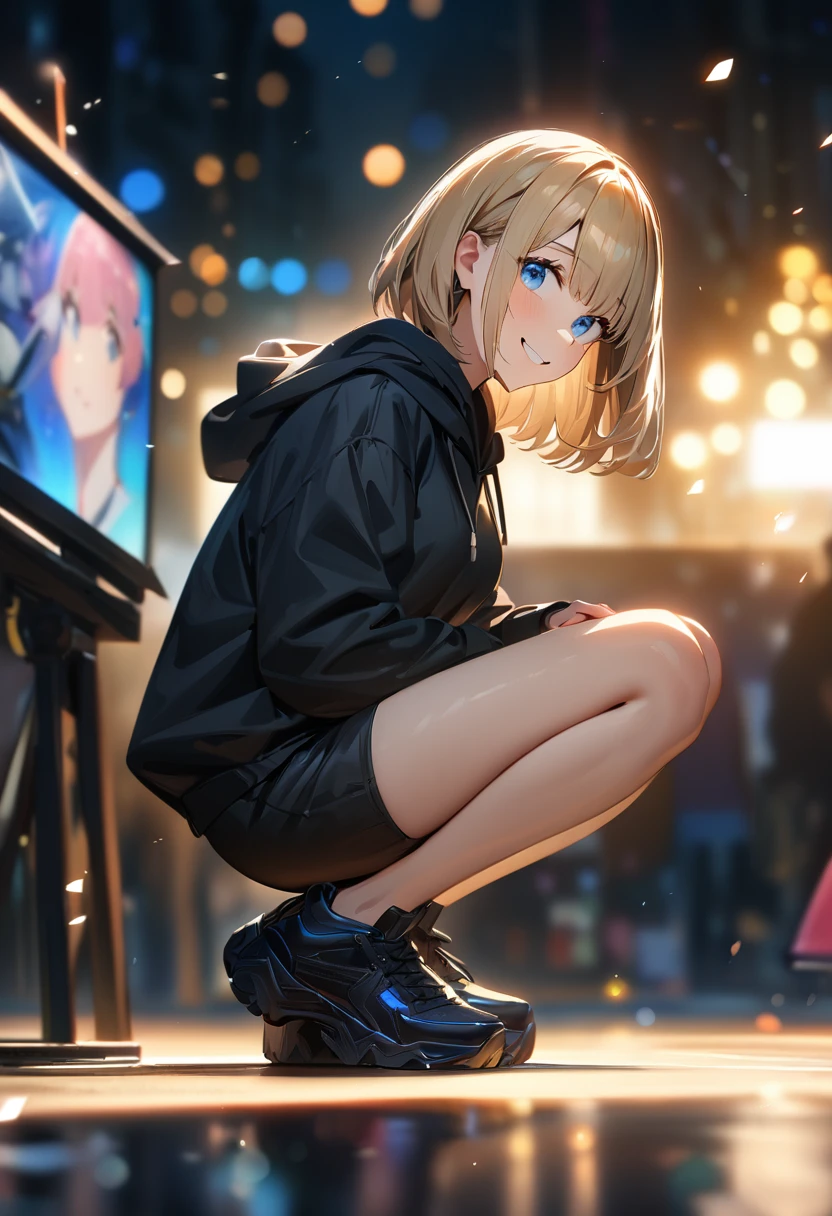 (((One girl))), Shibuya, street, blond hair, bob cut, (looking at viewer), (((full body))), squatting, spread legs, breasts, teenager, head tilt:1.3, (((blue eye))), constricted pupils, (from side:1.3), ((happy smile)), (((black hoodie:1.3, black shorts:1.3))), bare legs, ((black platform high cut sneakers)), anime style, (best quality, 4k, 8k, highres, masterpiece:1.2, ultra-detailed, ultra-detailed eyes, HDR, UHD, studio lighting, ultra-fine painting, sharp focus, physically-based rendering, extreme detail description, professional, vivid colors, bokeh)
