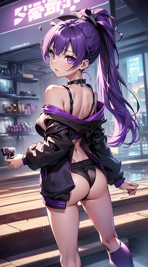 top-quality、Top image quality、​masterpiece、girl with((18year old、Best Bust、big bast,Beautiful purple eyes、Breasts wide open, Purple ponytail、A slender、Large valleys、Purple Sports Bra、Black jacket,Purple shorts,Red high heels、Reflecting the whole body、Purple Necklace、Red face、Slippery texture、Headphones on the head,Holding your phone in your hand、Flying Attack Drone、posterior view、emphasis on the buttocks、Anxious face)）hiquality、Beautiful Art、Background with((A city that shines at night)))、,masutepiece、visualart、depth of fields、