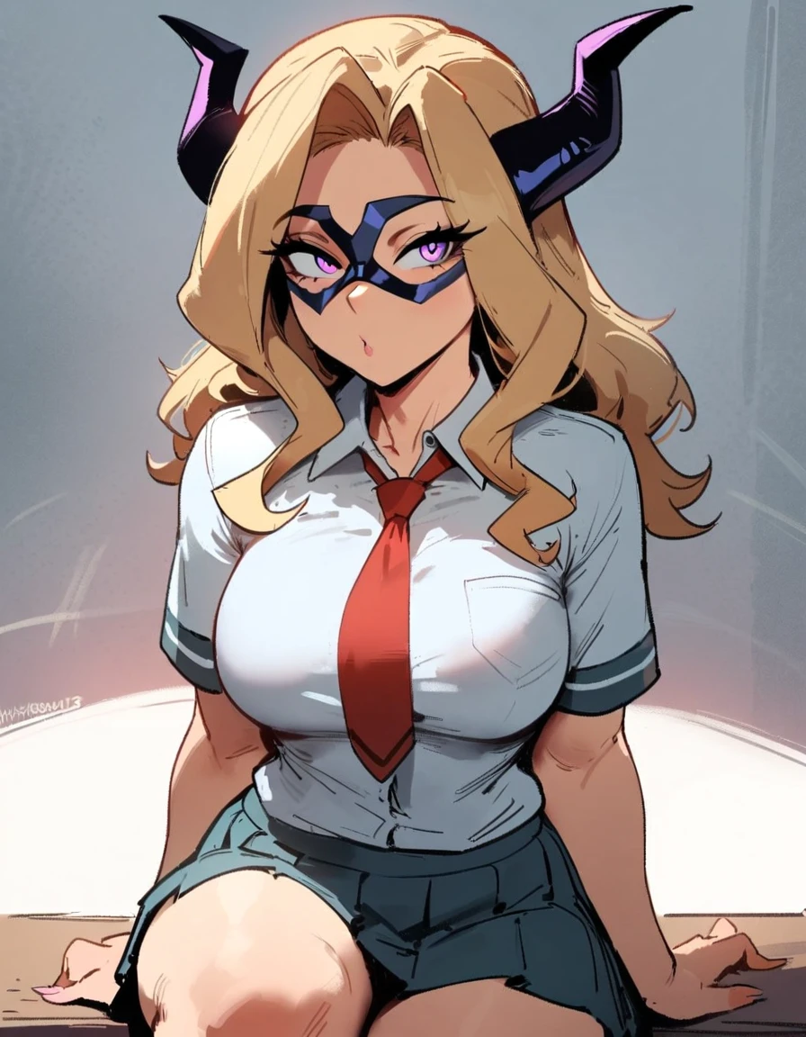 1girl, mount lady, boku no hero academia \\\\\ masterpiece, best quality, very aesthetic, absurdres, newest \\\\\\ sportive body,  \\\\\\  by dodok, nyantcha, cutesexyrobutts, by khyle ///// blonde, purple eyes,  (school uniform:1.2), skirt, , 24 years old, white background,tie,sit