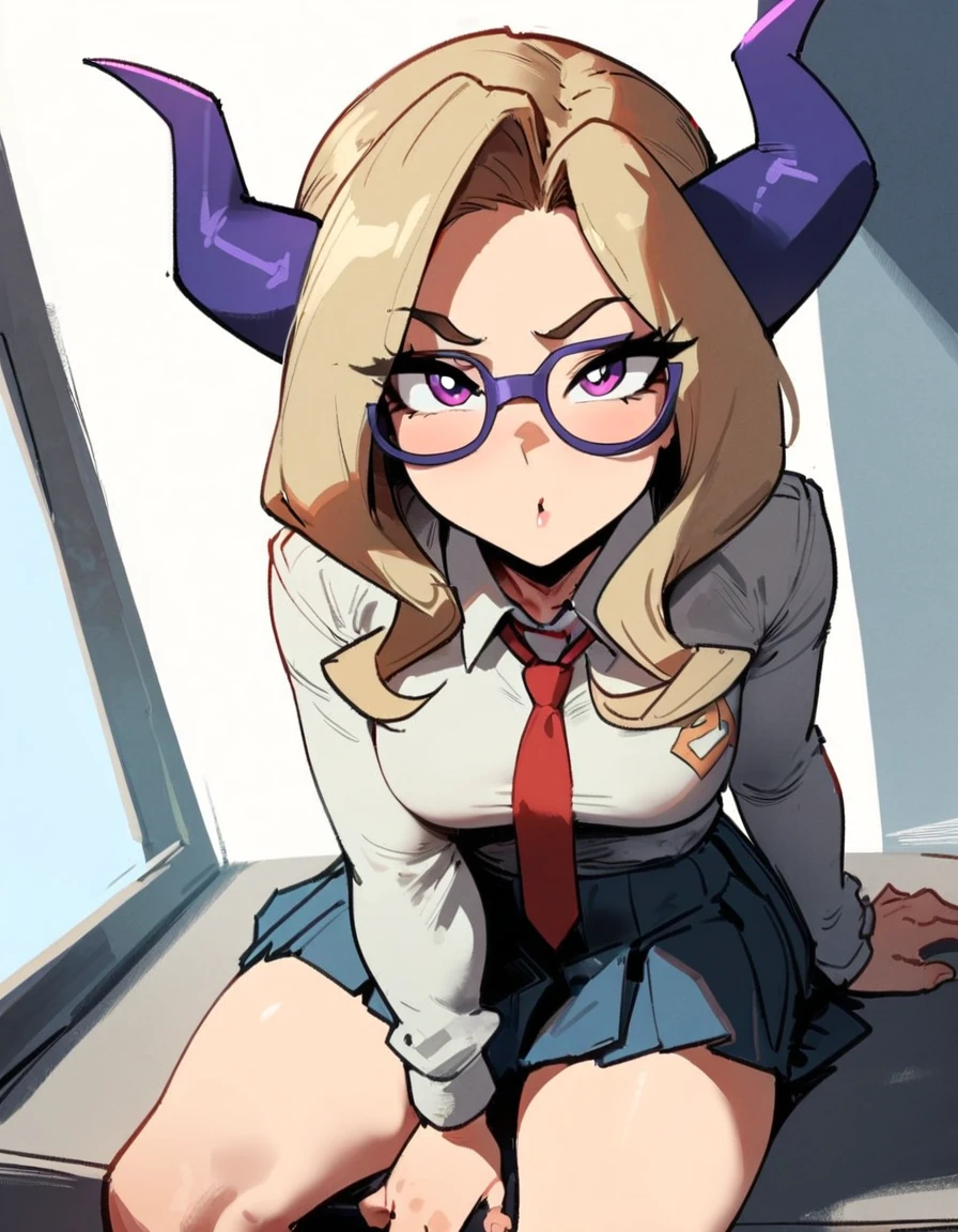 1girl, mount lady, boku no hero academia \\\\\ masterpiece, best quality, very aesthetic, absurdres, newest \\\\\\ sportive body, \\\\\\ by dodok, nyantcha, cutesexyrobutts, by khyle ///// blonde, purple eyes, (school uniform:1.2), skirt, , 24 years old, white background,tie,sit on desk, below view,