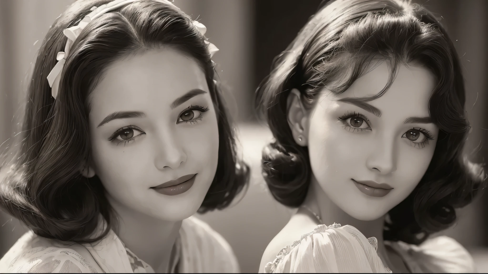 (1950s women:1.3), (1women:1.3), smile shyly, (highly detailed face), (extremely detailed beautiful face), (Early Showa hairstyle, retro hairstyle, 1950 fashionable clothing, oldies fashion:1.3), (Best Quality:1.4), (Ultra-detailed), extremely detailed CG unified 8k wallpaper, Realistic portrait, Beautiful detailed, High-definition raw color photos, professional photography, (fine face:1.2), focus on women, (oldies, oldies songs, Old photos, retro photos, sepia photos, valuable photos that give you a sense of the times), A scene from a retro movie from the 1950s,