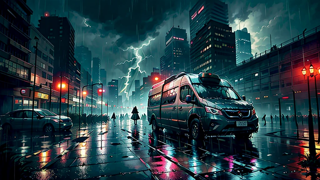 The adventure begins、(Soaking wet:2)、(lightning:1.5)、Cloudy,濃いfog、fog,It was chaotic. city of the future、Movie dystopia、A group of very tall skyscrapers stands in the center、Highly complex cityscape,Crowded Chinese skyscrapers、road signs、Street lamp、taxi、bus、train、Cyan lighting,Dark Road、There are lots of puddles、Splash、It was chaotic.、Beautiful and fantastic scenery、Cinematic landscape、high quality、Tabletop,In 8K、High resolution、