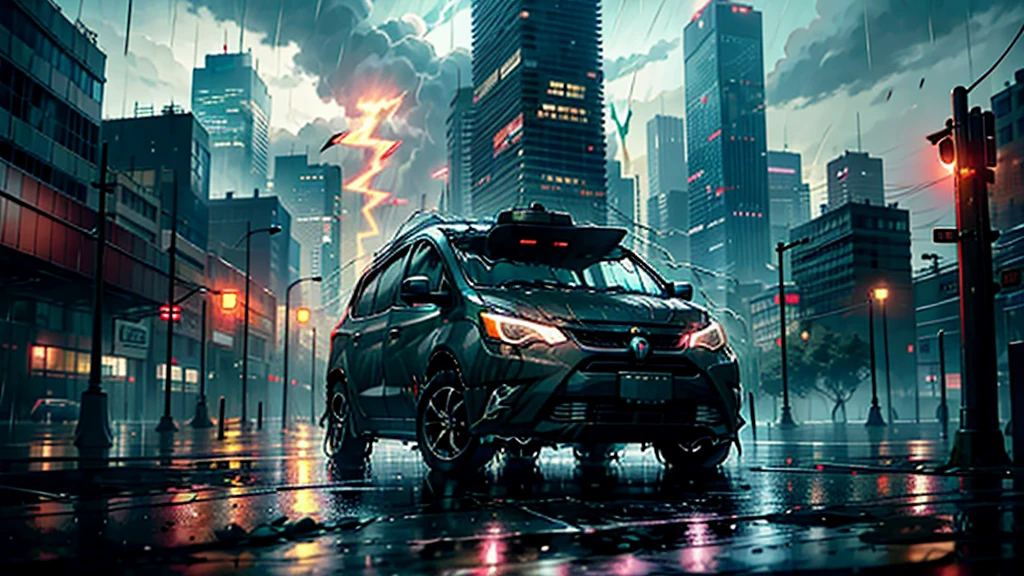 The adventure begins、(Soaking wet:2)、(lightning:1.5)、Cloudy,濃いfog、fog,It was chaotic. city of the future、Movie dystopia、A group of very tall skyscrapers stands in the center、Highly complex cityscape,Crowded Chinese skyscrapers、road signs、Street lamp、taxi、bus、train、Cyan lighting,Dark Road、There are lots of puddles、Splash、It was chaotic.、Beautiful and fantastic scenery、Cinematic landscape、high quality、Tabletop,In 8K、High resolution、