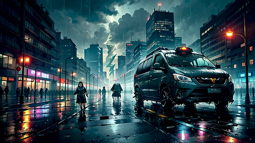 The adventure begins、(Soaking wet:2)、(lightning:1.5)、Cloudy,濃いfog、fog,It was chaotic. city of the future、Movie dystopia、A group of very tall skyscrapers stands in the center、Highly complex cityscape,Crowded Chinese skyscrapers、road signs、Street lamp、taxi、bus、train、Cyan lighting,Dark Road、There are lots of puddles、Splash、It was chaotic.、Beautiful and fantastic scenery、Cinematic landscape、high quality、Tabletop,In 8K、High resolution、