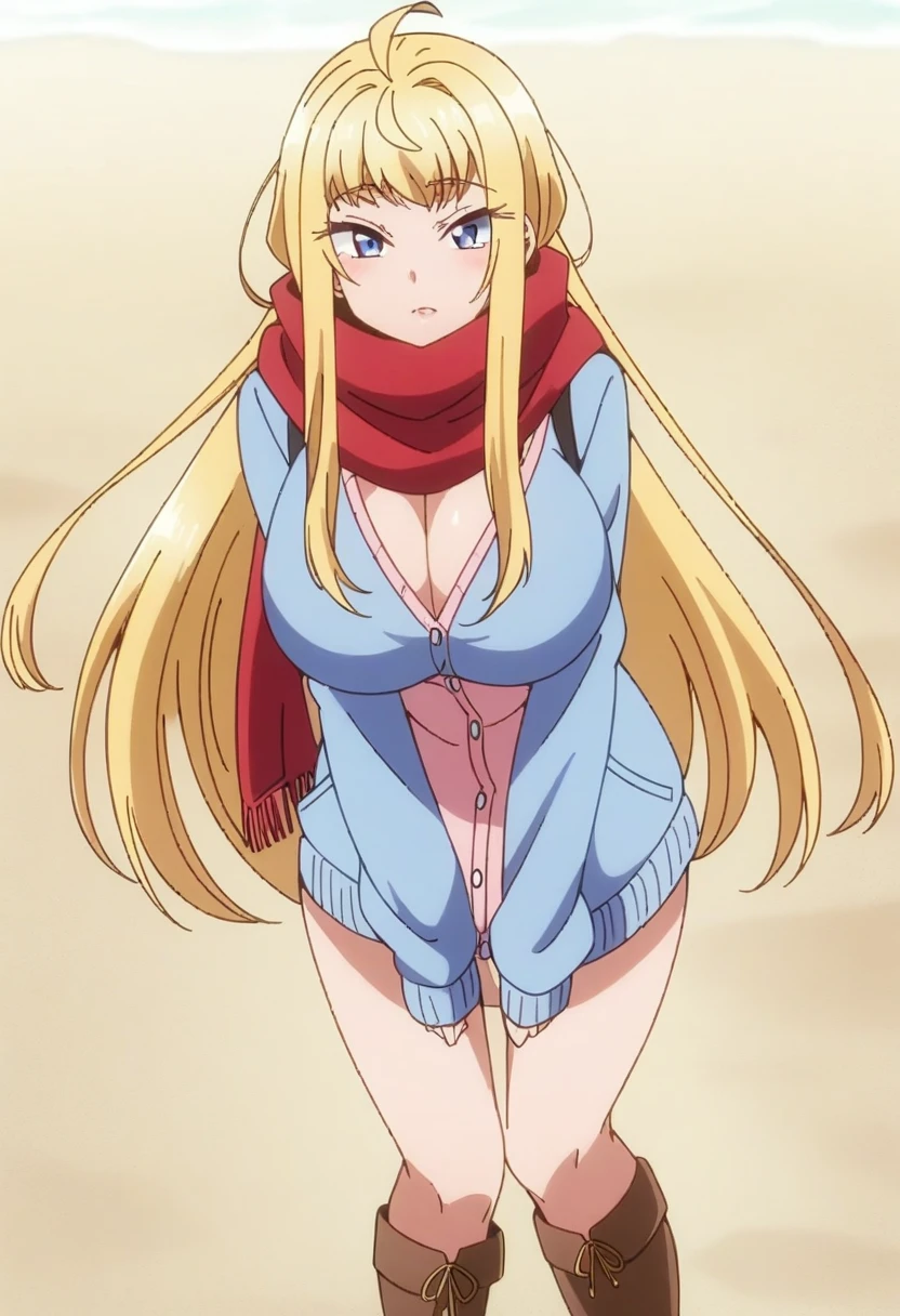 (anime art style), (cartoon), masterpiece, best quality, very aesthetic, absurdres, minamifuyuki, ((1girl)), blonde hair, long hair, sidelocks, ahoge, blue eyes, big breasts, scarf, red scarf, cleavage, blue jacket, pink cardigan, brown boots, ((feet out frame)), (from front), (beach), (standing), (looking at viewer:1.0)