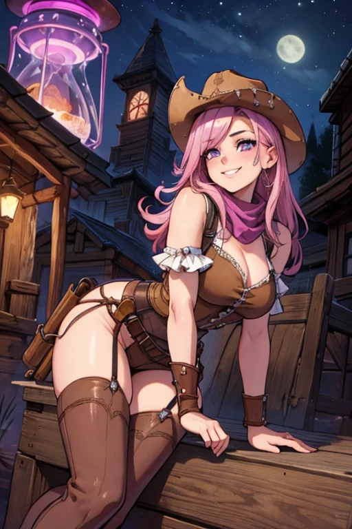 A pink haired female cowgirl with violet eyes with an hourglass figure in a conservative cowgirl outfit is sitting on the roof of a wild west home smiling while leaning forward in a wild west town at night