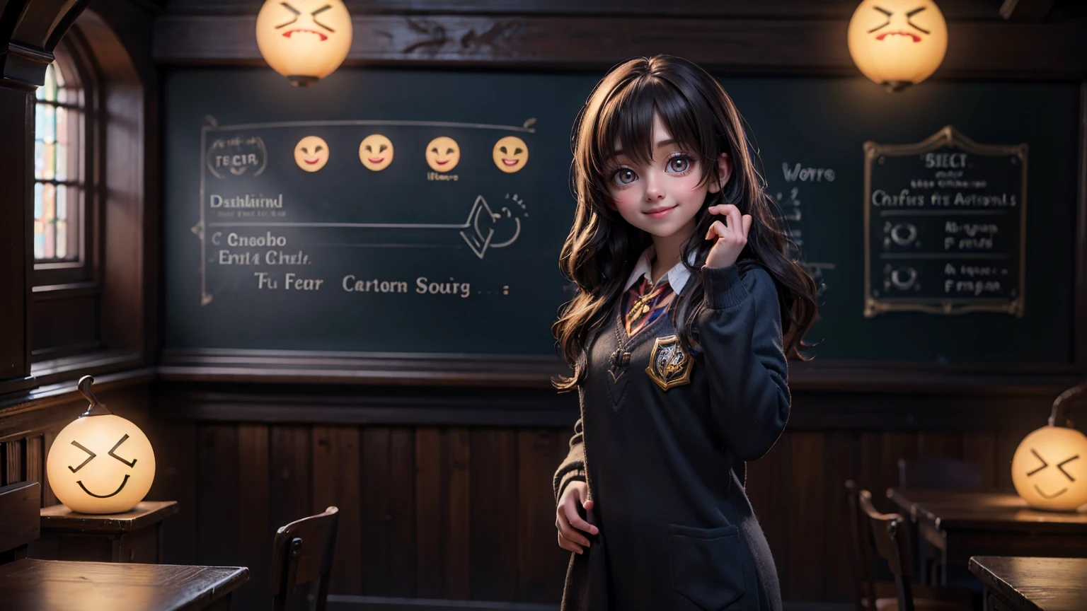 cute smiley face girl, lighting on face, full bright face, with standing pose, in harry potter classroom, harry potter classroom