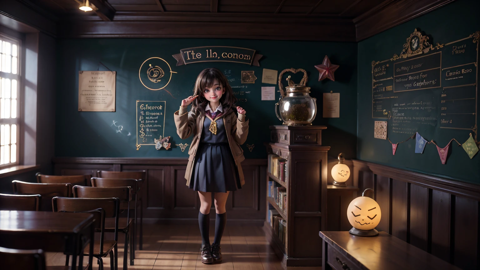 cute smiley bright face girl side standing  pose in harry potter classroom, 