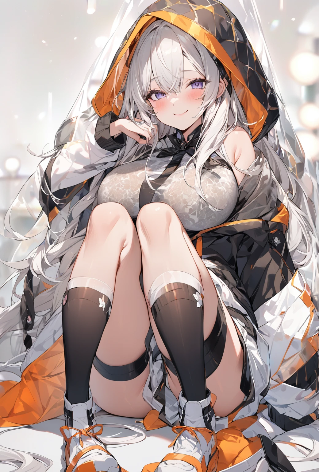 ((Highest quality)), ((masterpiece)), ((Very detailed)), (Very mature),A cute high school girl with a gentle look, white hair and about 165cm tall.,A female high school student with big breasts and a cute smile wearing a transparent black waifus with a cute patterned hood that shows off her shoulders, 顔が若干縦方向に長いbright笑顔の女性,Small-faced young woman,alone, Cute attitude,(background(bright),Long Hair - Straight,Knee-high socks、A transparent white veil with a cute pattern and a hood with white off-the-shoulders,White wall、Sitting、Facing the viewer、縁に模様がある壁が1面のbackground