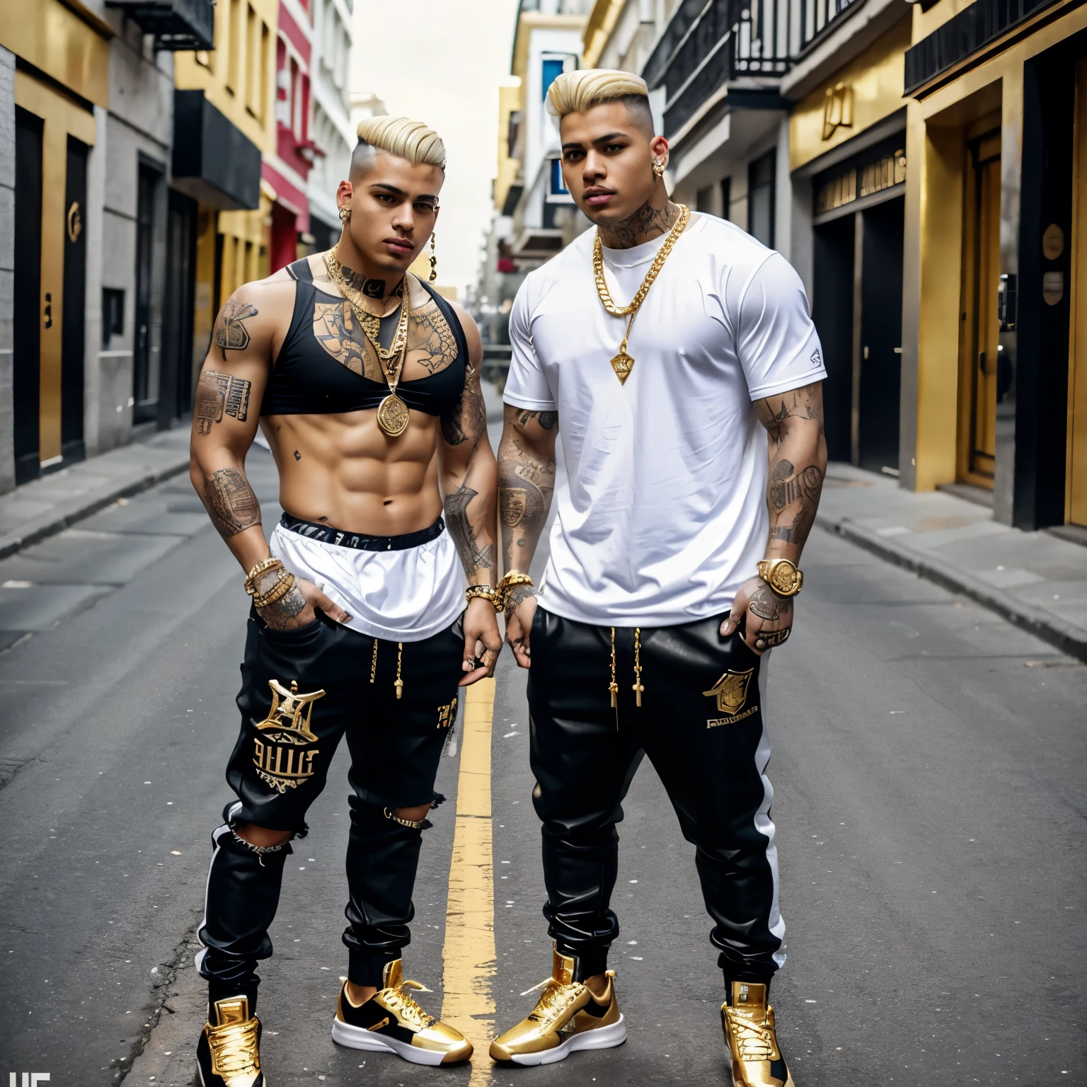 full view full body, 2 sexy young latino gangsta boys with undercut clean shaved platinum-blonde haircuts, wearing golden excessively large and extreme-fashion way too over-thuggish most expensive outfits, golden Jordan sneakers, white socks, golden extremely heavy rings, chunky too heavy to wear bracelets, chunky golden heavy chains, kissing each other standing in the street ,sixpack, tatoos, piercings