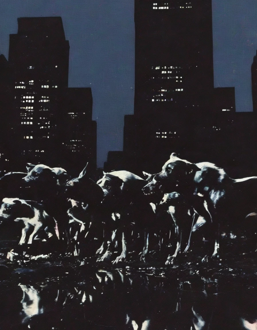 crucified dogs in new york street at night, night city background