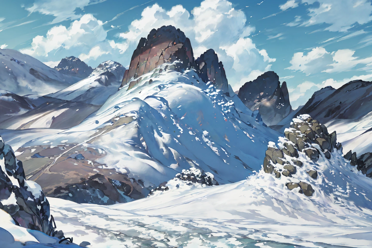 summer, rocky area, rock formation, (illustration : 1.0), Narrative composition, realistic lighting, HD detail, masterpiece, best quality best, (Highly detailed CG integrated 8k wallpaper), wide and flat rocky area, A small, sharp, rough rock at the top of the screen.