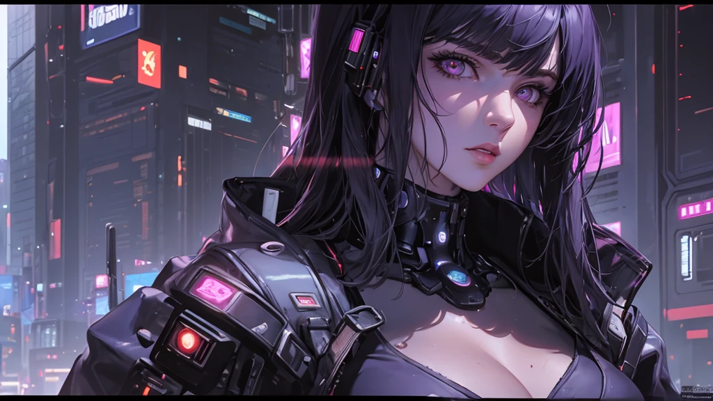(masterpiece), (best quality), (very detailed), (1 person), (cyberpunk), future city background, detailed eyes, Detailed nose, Detailed lips, perfect face, perfect body, revealing clothing, Face and upper body expression, Place people on the left side of the picture