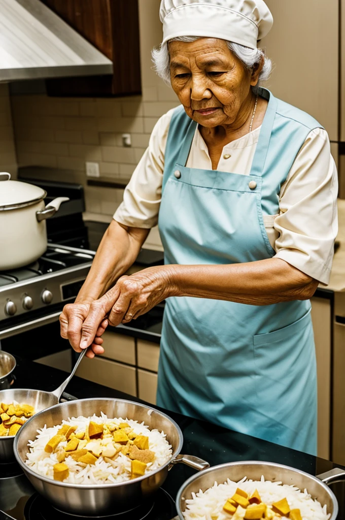 Old woman cooking pudding rice