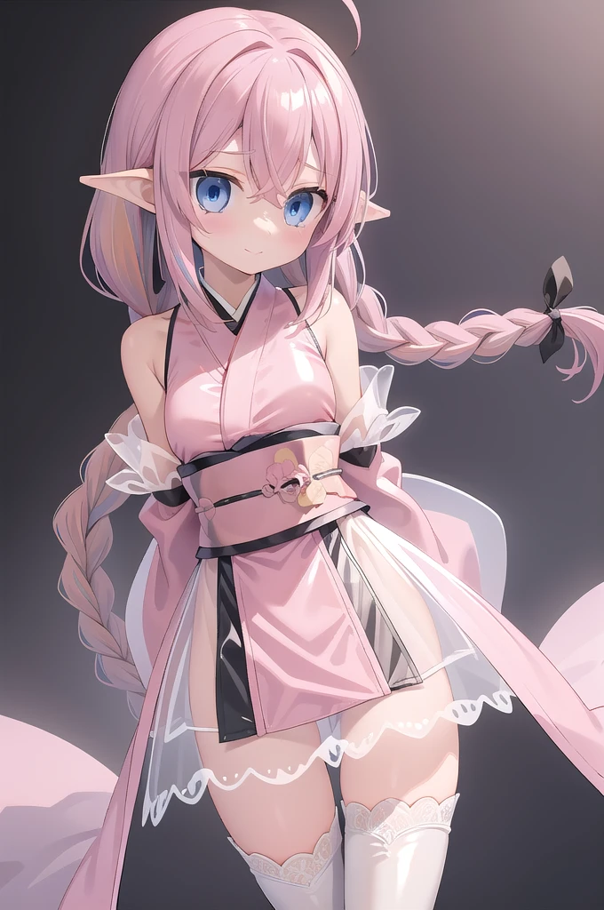 1girl,solo,cowboy shot,(standard height),standing,(pink hair:1.5),long hair,twin braids,ahoge,hair ribbon,(blue eyes:1.2),(beautiful fingers:1.4),(perfect anatomy:1.4),(arms_behind_back:1.4),(cold_shoulder:1.4),BREAK,(pink silk lace glossy lamé kimono:1.6),(pink dress),(latex luster shiny glossy metallic:1.4),(shiny_clothes:1.4),(medium breasts:1.4),(masterpiece:1.2),best quality,(Ultra high definition eyes:1.2),8k,(Beautiful detailed eyes:1.2),(Fine and beautiful eyes:1.2),(pretty eyes:1.2),finely detail,extremely CG, absurdres,high resolution,illustration,Detailed and beautiful outlines,finely detail,high resolution,(colorful refraction:1.4,Increase saturation:1.2),beautiful lighting,dynamic lighting,closed room,black background,simple background, smile,looking at viewer,roxy, white dress, neck ribbon, black ribbon, brown cape,(white Clear PVC sheets sleeves:1.4),(sheer sleeves:1.4),(see-through sleeves:1.4),(wide sleeves:1.2),(pink thigh boots:1.2),roxy, ahoge, black ribbon, blue eyes, braid, hair between eyes, hair ribbon, long hair, twin braids, very long hair,