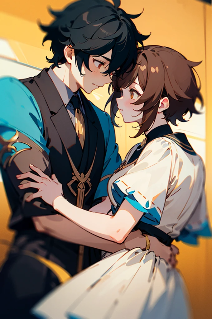 Two friends, two guy, one looking, one looking away, one black hair, one brown hair, anime style, chromatic aberration, genshin, UHD, ccurate, high details, best quality, high quality, super detail, market store, winning award