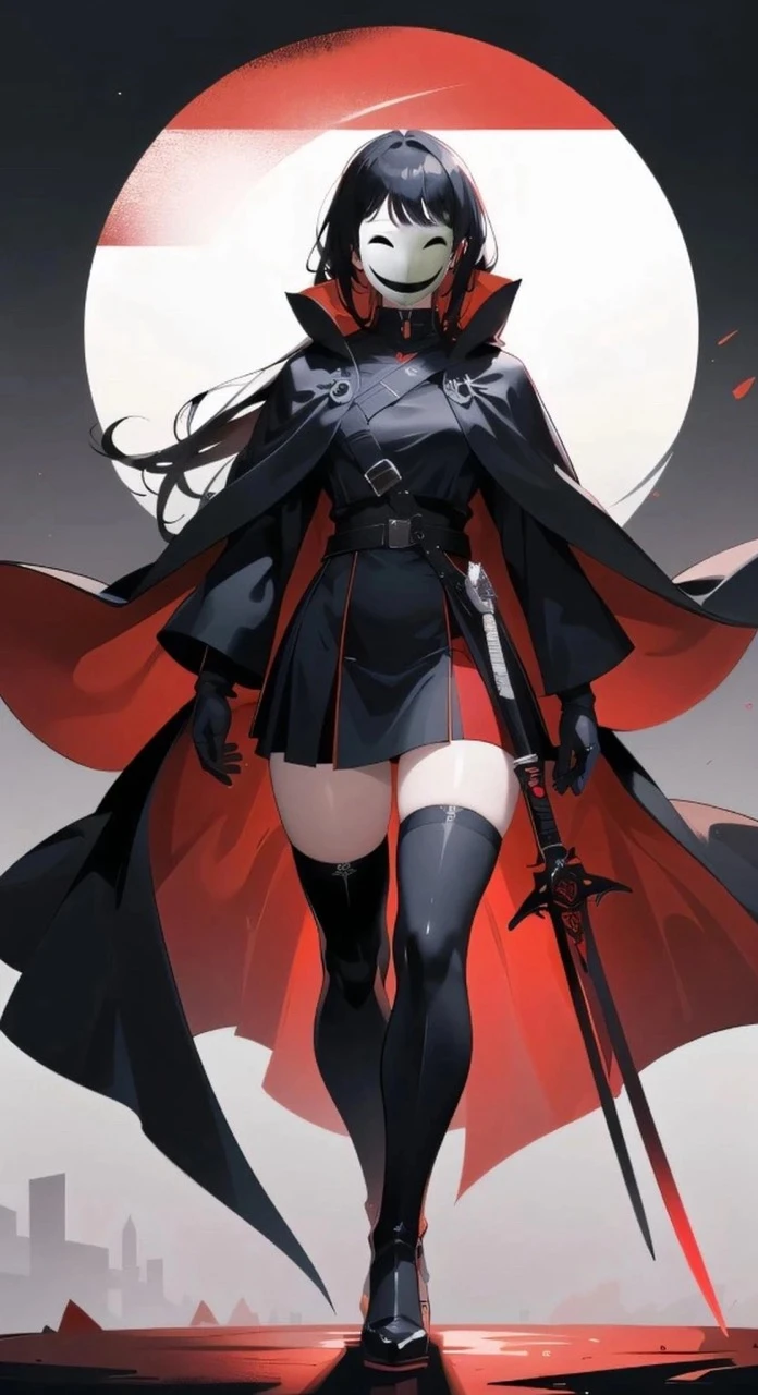 A black-haired girl wearing a white mask,holding dagger in hand,Can't see the facial features at all