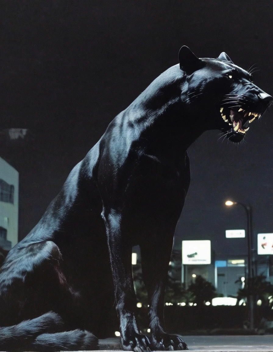 giant black panther standing on bangkok street at night