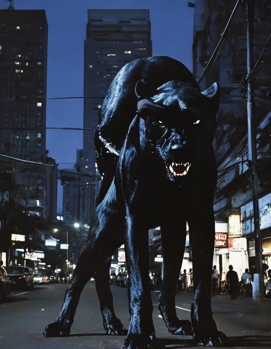 giant black panther standing on bangkok street at night