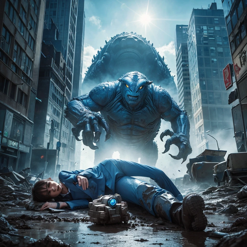 A giant mud monster destroys the city, Alien fighting monsters, Broken robot on the ground, A man in a blue suit runs away, Monster in the center of the image, Lying down image, Flying sheep, Better Quality.