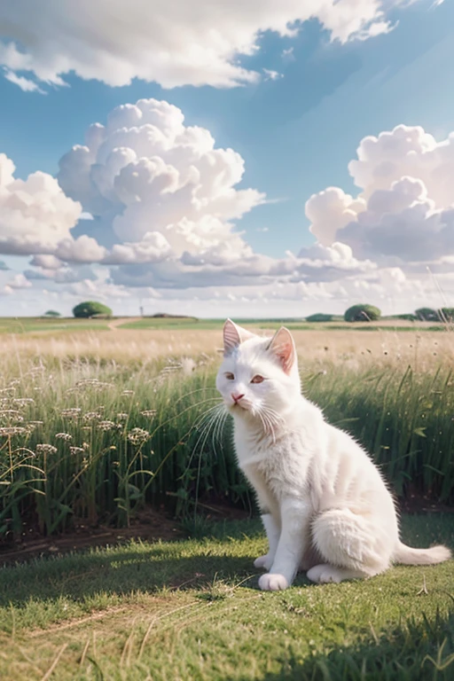 white kitten sleeping peacefully, the sky is blue with a few white clouds, a few grasses on a short step, 8k studio ghibli art