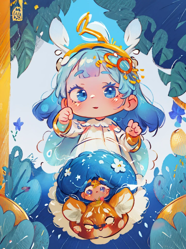 tarot, gold BORDER, celestial, chibi, masterpiece, best quality, extremely detailed, detailed background, detailed face, 1girl, full-body, solo, pale skin, LONG blue hair which each strands were being lifted up by butterflies, deer ears, white deer horns, happy expression, white dress, blue flower, good finger, perfect face, intricate details, mystical forest theme