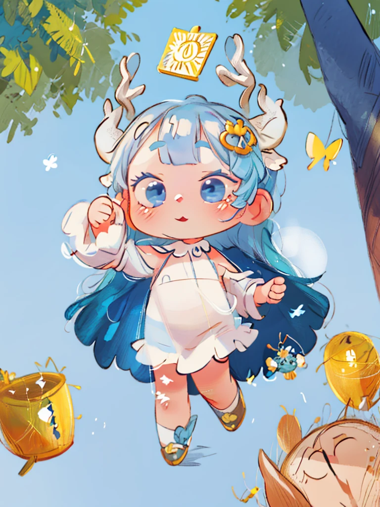 tarot, gold BORDER, celestial, chibi, masterpiece, best quality, extremely detailed, detailed background, detailed face, 1girl, full-body, solo, pale skin, LONG blue hair which each strands were being lifted up by butterflies, deer ears, white deer horns, happy expression, white dress, blue flower, good finger, perfect face, intricate details, mystical forest theme
