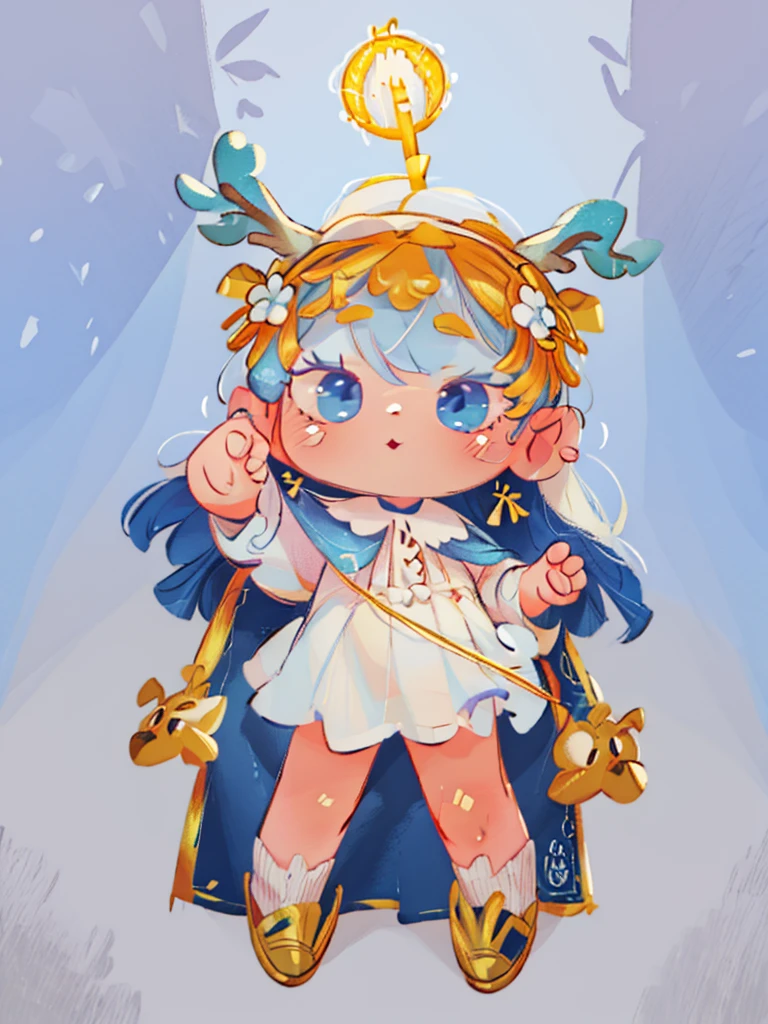 tarot, gold BORDER, celestial, chibi, masterpiece, best quality, extremely detailed, detailed background, detailed face, 1girl, full-body, solo, pale skin, LONG blue hair which each strands were being lifted up by butterflies, deer ears, white deer horns, happy expression, white dress, blue flower, good finger, perfect face, intricate details, mystical forest theme