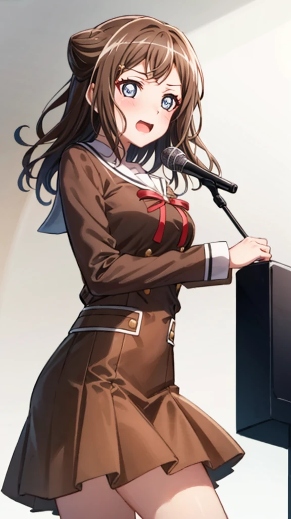 {{{masterpiece}}}, {{{best quality}}}, {{ultra-detailed}}, {illustration}, {{an extremely delicate and beautiful}}, (beautiful detailed eyes:1.6), extremely detailed face, 8k, anime face, BREAK, toyama kasumi(BanG Dream!), cute face, brown hair, cone hair bun, star hair ornament, medium breasts, thin waist, big hips, curvaceous, {school uniform}, {Hanasakigawa Girls' Academy High School Uniform(Winter clothes)}, neck ribbon, red ribbon, brown dress, white sailor collar, brown shirt, double-breasted, long sleeves, brown skirt, black socks, loafers, brown footwear, BREAK, live stage, on stage, performance, holding instrument, electric guitar(RANDOM STAR), red guitar, black guitar strap,  backlights, illumination