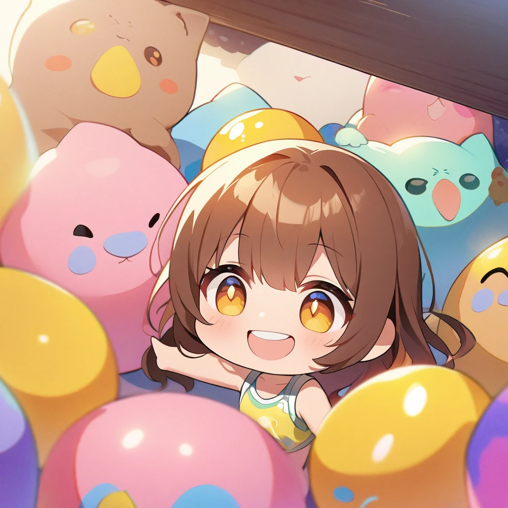 masterpiece、Highest quality、Depth of subject、２D illustration、1 beautiful girl、独奏, (((chibi style)))、Long, beautiful hair、shiny brown hair、cute、Beautifully detailed eyes、((Tank top))、a glass of lemon soda, ((colorful))、mini skirt、((happy smile))、((cat cluster)), ((close up shot))、((in the room))、((There&#39;s a lot of pink around))、Thighs、((vivid color))、sparkle、((Lens flare))、