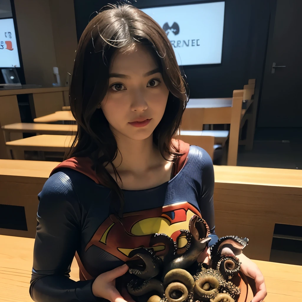 Supergirl、1/6th scale adult figure、sfw、(((Giant Octopus)))、Giant OctopusがSupergirlを捕まえる、巨大な触手でSupergirlの脚をこじ開け股間を露出させる、Supergirlの両手を背中でホールドする触手、股間をクンニするGiant Octopus、