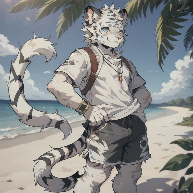 (best quality), (masterpiece), ((single)), (Extremely detailed), (hairy), Full Body hairy, hairy, (Male white tiger: 1.5), (White skin: 1.3), (hairy尾巴: 1.2), character focus, (blue eyes), (Tiger Claw), (Gray ears), Clear focus, (hairy Feeling of Animal Ears), ((Wear shorts)), ((Wear short sleeves)), on the beach, on the beach, at the seaside, Under coconut trees, Wear sunglasses