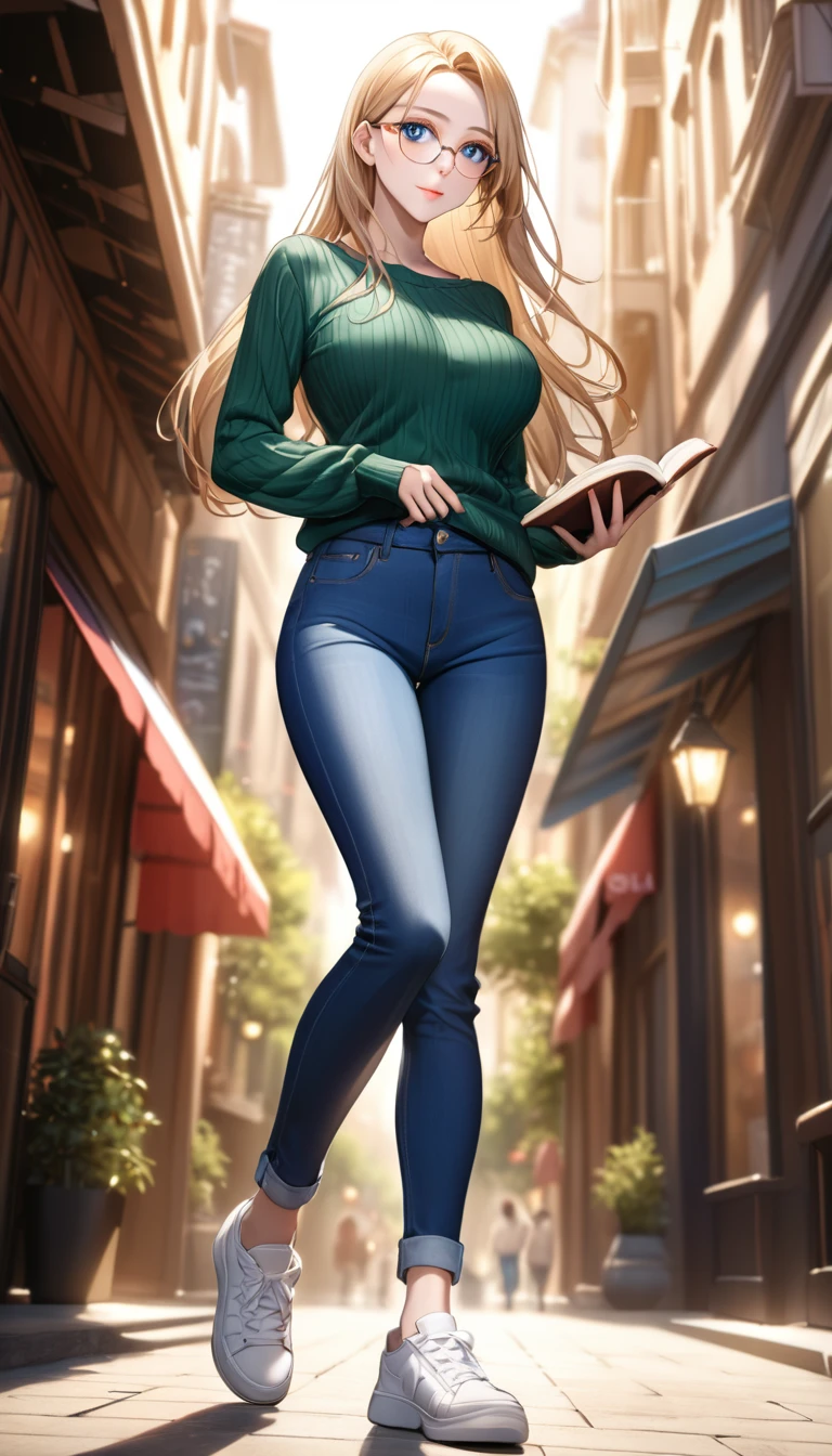 best quality, highres, 8k, masterpiece, immersive atmosphere, chiaroscuro:(1.5, bright light:1.2, luminous lighting), blurring, (background blur:1.5),
(dynamic angle, seductive pose:1.2), outdoors, downtown, (legs focus, full body:1.5), delicate features, (beautiful face, beautiful eyes, beautiful legs), not safe for work, (opaque:1.5), high contrast, SDXL,
1girl, (25 years old:1.5), white skin, blue eyes, (reading glasses:1.2), blonde hair, straight hair, long hair, (forehead:1.2), bright lips, seductive smile, (slender figure:1.1), (green sweater:1.2), large breast, hard nipples, (jeans pants:1.4, blue jeans:1.4, skinny jeans:1.2), (white sneakers:1.2),