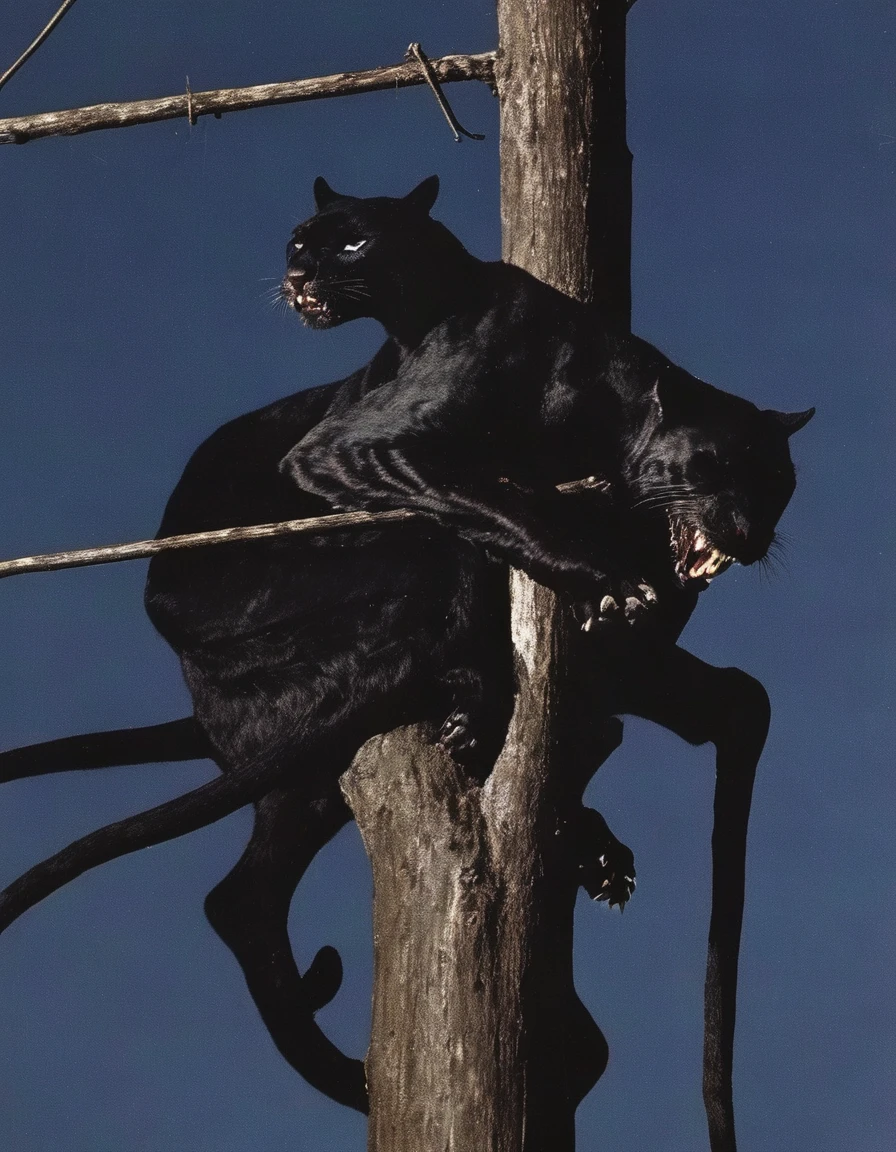 giant black panther sits on electric pole with many electric cables in bangkok at night