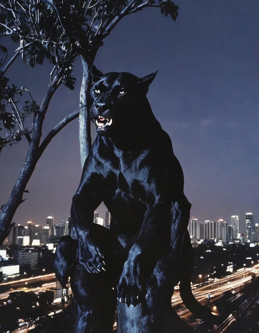 giant black panther sits on electric pole with many electric cables in bangkok at night
