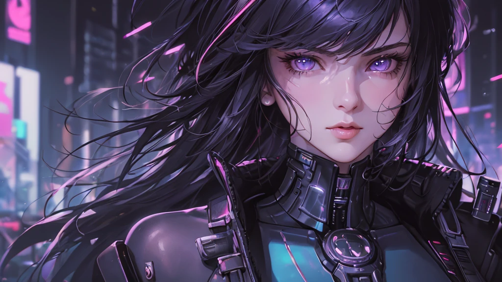 (masterpiece), (best quality), (very detailed), (1 person), (cyberpunk), future city background, detailed eyes, Detailed nose, Detailed lips, perfect face, perfect body, revealing clothing, Face and upper body expression, left