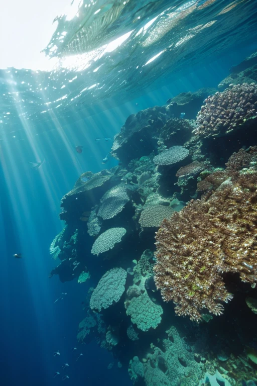 high resolution。Detailed, sharp and extremely detailed photos。
In the tropical sea。Photographed from the ocean floor looking up at the sea surface。The sunlight shines on the sea, creating a beautiful, clear look.。