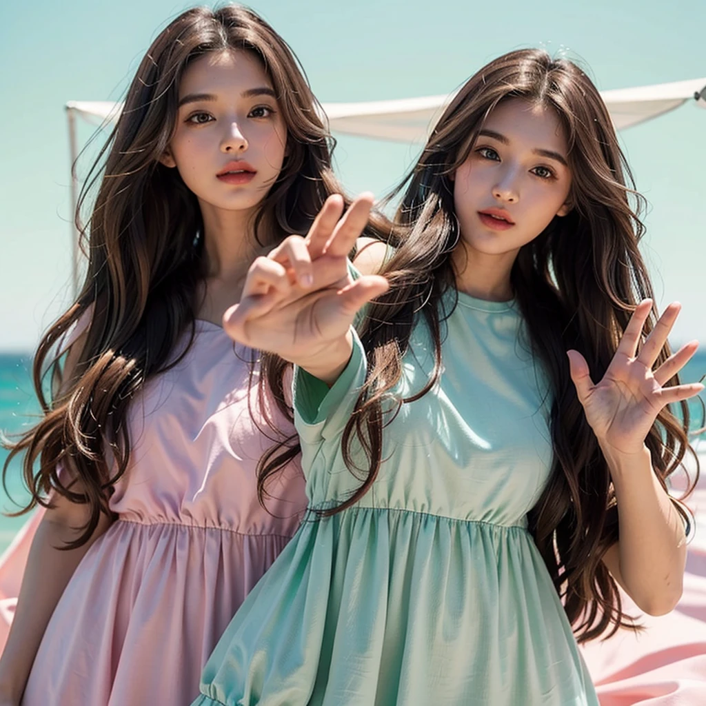 wavy long hair, brown hair, 1girl, emerald eyes, waving with two fingers, pink lips, pastel green dress,